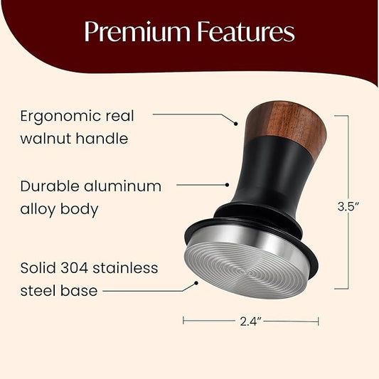 Espresso Tamper for 54mm Portafilter – Adjustable Depth Spring Loaded Tamper for Consistent Tamping – Barista Coffee Press Tool with Stainless Steel Base – Black & Walnut