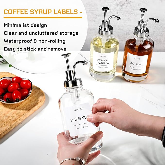 Coffee Bar Accessories,MHDCLY Coffee Syrup Dispenser - 4pack,16.9oz Syrup Dispenser with Labels ,Syrup Pump Dispenser for Coffee Bar(Silver pump)