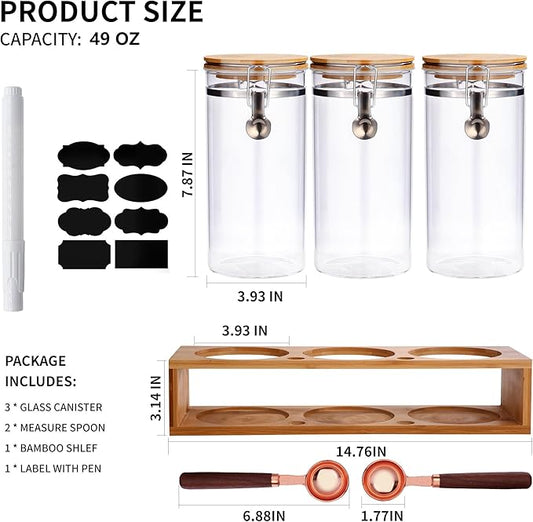 Glass Coffee Storage Container with Bamboo Shelf, 3PCS 49oz Airtight Sealed Coffee Bean Jar with Clamp Lid & Measuring Spoon, Kitchen Pantry Canister Set for Ground Coffee Sugar Tea Flour
