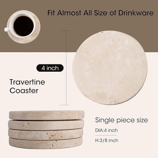 Travertine Stone Coasters Set of 4 ,4 inch Round Coasters Make a Great Housewarming, Providing Sturdy and Durable Desktop Protection for a Variety of Cups