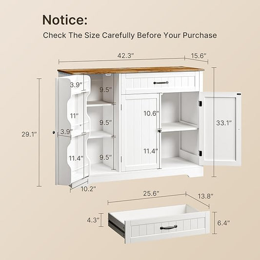 Gizoon Kitchen Coffee Bar Cabinet with Storage Kitchen Sideboard Buffet Cabinet with Drawers, Short Pantry with Door and Shelves for Bathroom and Living Room, White and Rustic