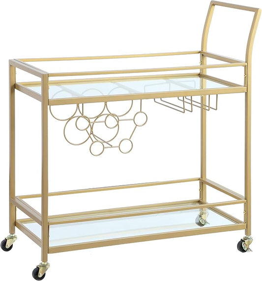 FirsTime & Co. Gold Francesca Bar Cart, 2 Tier Mobile Mini Bar, Kitchen Serving Cart and Coffee Station with Storage for Wine and Glasses, Metal and Glass, Modern