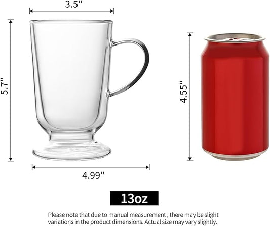 NIRA.Z 12.5 OZ Double Walled Glass Coffee Mugs with Handle Set of 2 Clear Insulated Irish Coffee Cups Hand Blown Glass Cups for Hot Cold Beverages, Cappuccino, Latte, Tea, Espresso, Juice, Americano