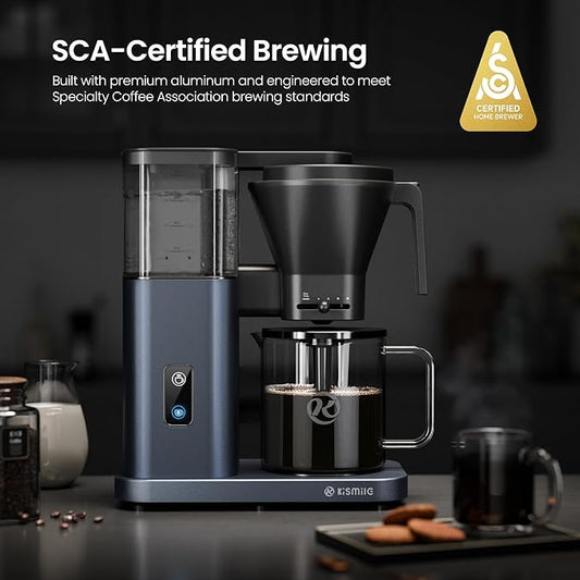 Kismile SCA-Certified 8 Cup Drip Coffee Maker, Pour Over Coffee Machine with 3s Instant Heat 197–205℉, Adjustable Flow Control, Removable Water Tank, Deep Cold Brew & 40 Min Keep Warm (Blue)