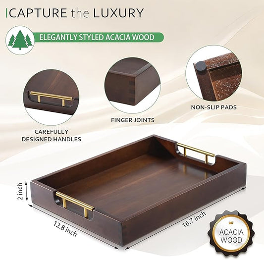 Joy&Grace Ottoman Tray for Living Room, Large Acacia Wooden Serving Tray with Handles for Coffee Table, Breakfast in Bed, Food Dinner, Decorative Tray (Sleek Brown, 16.7" x 12.8" x 2")