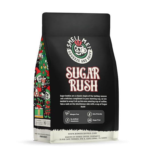 Bones Coffee Company Sugar Rush, Sugar Cookies Flavored Coffee, Medium Roast Low Acid Arabica Beans Compatible with Auto drip and French Press Coffee Maker, 12 Oz Whole Bean