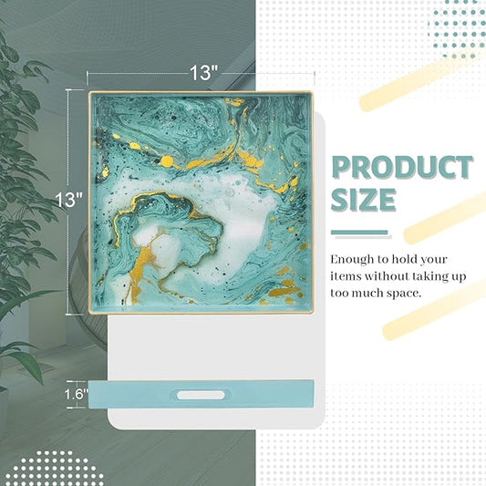 MAONAME Turquoise Square Decorative Tray for Coffee Table, Marbling Serving Tray with Handles, Modern 13" Plastic Trays for Ottoman, Bathroom, Storage