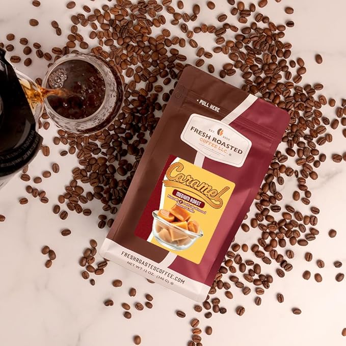 Fresh Roasted Coffee, Caramel Flavored Coffee, 12 oz, Medium Roast, Kosher, Ground