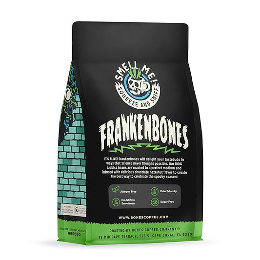 Bones Coffee Company Frankenbones Chocolate and Hazelnut Flavored Coffee, Medium Roast Low Acid Arabica Beans Compatible with Auto drip and French Press Coffee Maker, 12 Oz Whole Bean