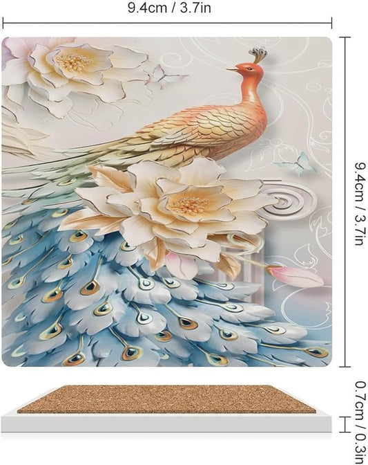 Square-4PCS Peacock Drink Coasters, Square Modern Ceramic Absorbent Coasters, Vintage Country Flower Beautiful Peacock Floral Decor Desk Coffee Table Coaster for Beverage Cup Tea Coasters