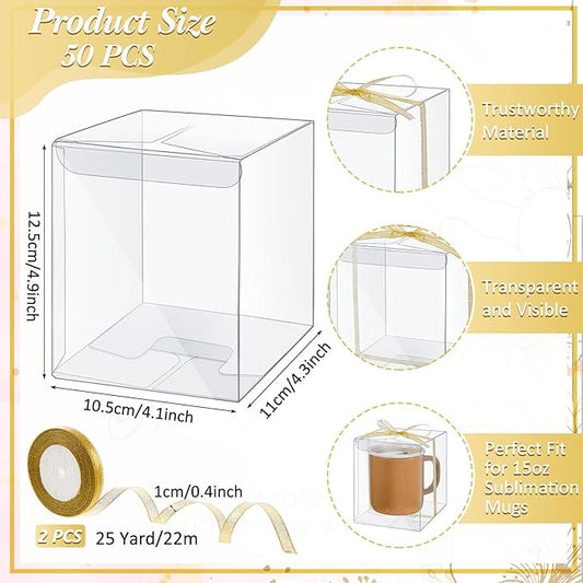50 Pcs Mug Gift Boxes Clear Tumblers Packaging Box with Ribbon for Sublimation Tumblers Compatible with Stanley 11oz 12oz 15oz 20oz 30oz 40oz(4.9 x 4.3 x 4.1 Inch)