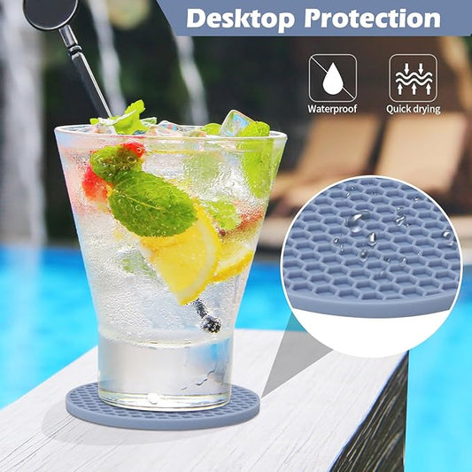 Coasters Set of 6 with Holder,Coasters for Drinks,Coffee Table Decor Coaster,Suitable for Kinds Cups,Anti-Slip,Non-Stick,Silicone Cup Coaster and Living Room Decor (6 Pcs, Blue)