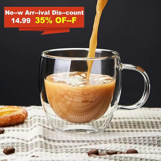 Mfacoy Double Wall Insulated Glasses Espresso Cups Set of 4 (50% Thicker), 5 oz Clear Coffee Cups with Handle, Shot Glasses, Suit for Espresso Machine, Latte, Cappuccino, Glass Coffee Mugs