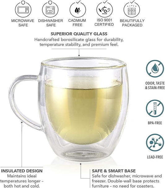 Teabloom Lead-Free Double Walled Cups – Set of 2 Insulated Glass Cups for Tea, Coffee, Espresso, and More – 8 oz / 250 ml – Clarity Collection