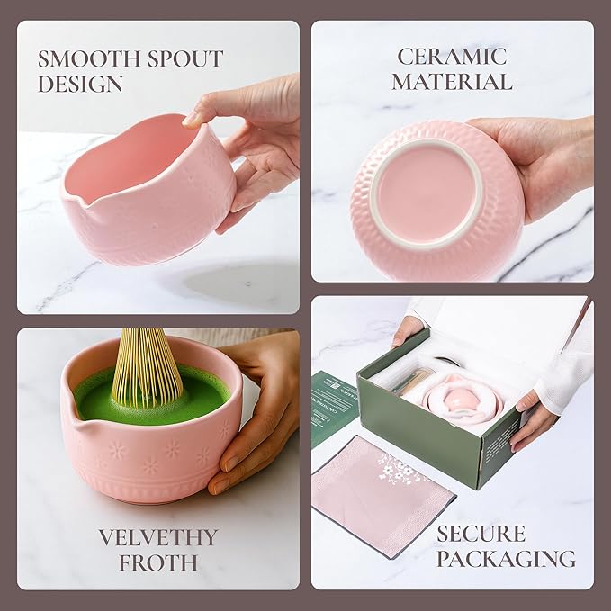 7-Piece Matcha Whisk Set – Ceramic Bowl with Spout, Bamboo Whisk & Holder, Scoop, Sifter, Tea Towel – Complete Ceremonial Tea Kit (Pink)