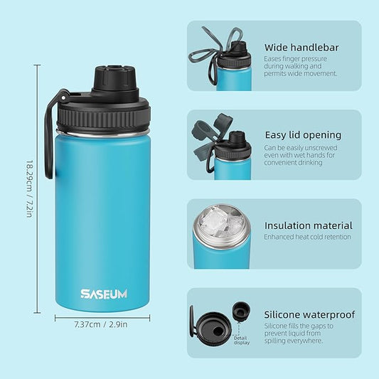 SASEUM Kids Sport Water Bottle 12oz Stainless Steel Double Wall Vacuum Thermal Mug with Leak Proof Spout Lids, Wide Mouth Metal Insulated Water Jug for Gym and Travel(Sky Blue)
