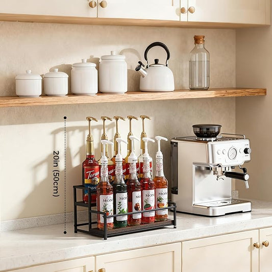 ICOHOT Coffee Syrup Rack Organizer, 2-Tier 10 Syrup Bottles Holder Stand for Coffee Bar, Liquor Bottle Display Shelf Bar Shelf Stand Countertop Rack for Syrup, Wine, Spice
