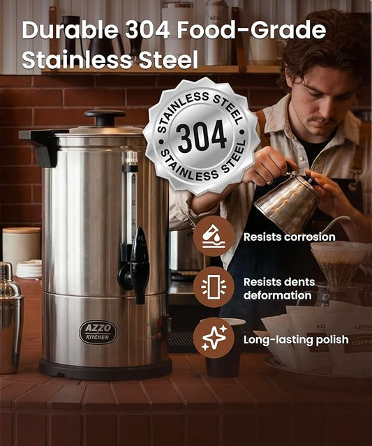 AZZO KITCHEN Commercial Coffee Maker 50-Cup Large Coffee Urn with Percolator Coffee Pot Electric 8L Stainless Steel Fast Brew Hot Water Dispenser for Tea Catering Events Home Office Easy Cleaning