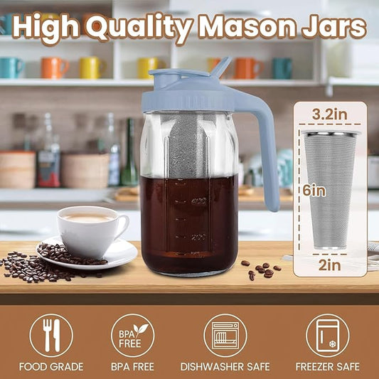 QHH Cold Brew Coffee Maker,32 oz Mason Jar Pitcher with Stainless Steel Filter, Pour Spout Handle Lid, Heavy Duty Glass Airtight & Leak-Proof Pitcher for iced coffee Tea Lemonade-Gray