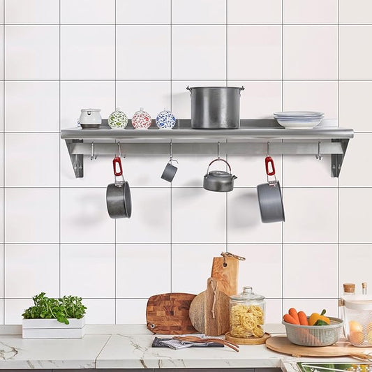 Hally Stainless Steel Shelf with 4 Hooks 18" x 24" Wall Mounted Pot Rack 300lb, NSF Commercial Floating Shelving for Storage Hanging Pots, Pans, cookware in Restaurant, Kitchen, Home and Hotel