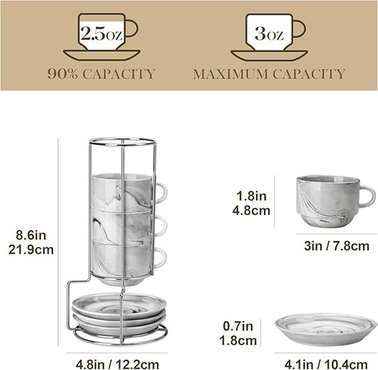 MALACASA 2.5 OZ Porcelain Espresso Cups with Saucers and Metal Stand Set of 4, Stackable Cappuccino Cups, Marble Gray Expresso Shots Cup Set for Coffee Drinks, Latte, Tea