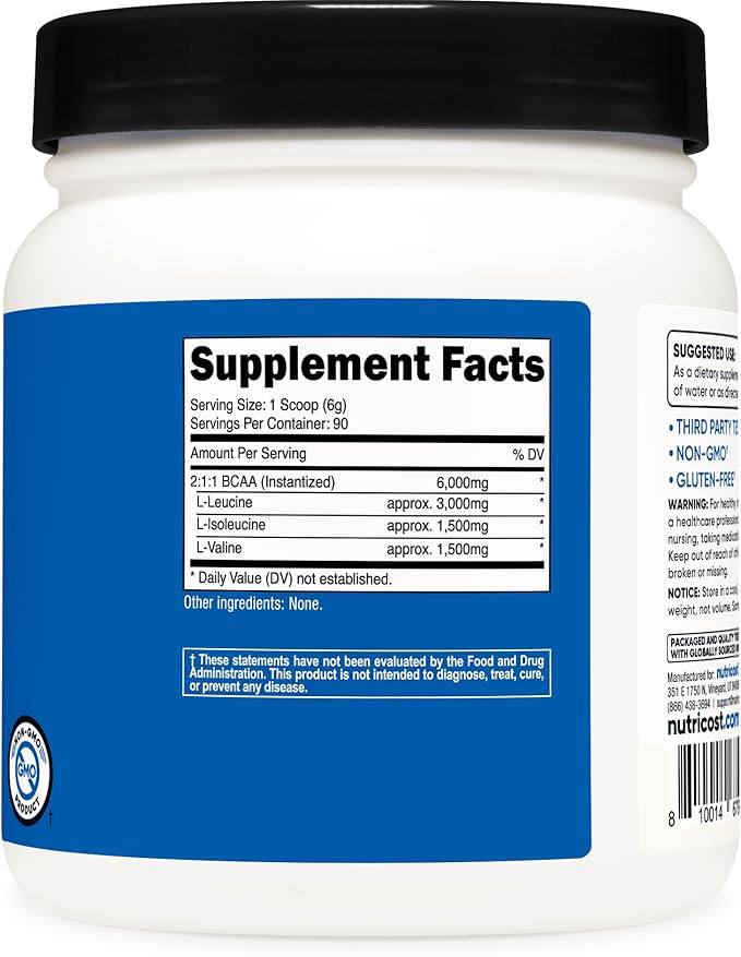 Nutricost BCAA Powder 2:1:1 (90 Servings, No Flavor Added) - Branched Chain Amino Acids (Pack of 2)