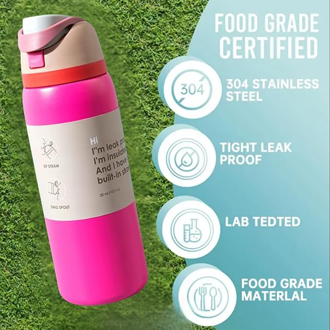 DUTHINGS Insulated Stainless Steel Water Bottle with Straw, 32 oz, Reusable Sports and Travel Bottle for School, Kids, and Outdoors - Leakproof and BPA-Free (FUCHSIA/32)