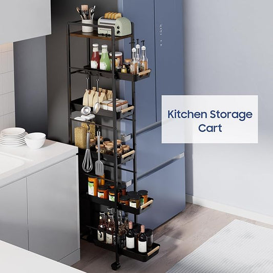 6 Tier Slim Storage Cart with Pull-Out Baskets Rolling Cart with Wheels Wood Top Narrow Utility Cart Metal Shelving Units for Pantry Laundry Room Bathroom Kitchen Black 8in(W)