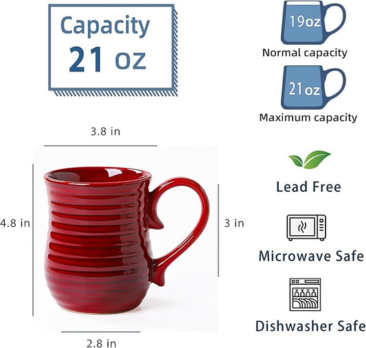 21 oz Large Ceramic Coffee Mugs, Handmade Cup with Large Handle, Big Tea and Coffee Cups for Office and Home, Microwave and Dishwasher Safe (Red)