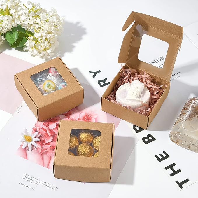 BENECREAT 28 Packs Kraft Paper Box with Clear Windows, 3.4x3.4x1.4Inches Paper Gift Box for Party Favor Treats Bakery, Festival Gift Packaging