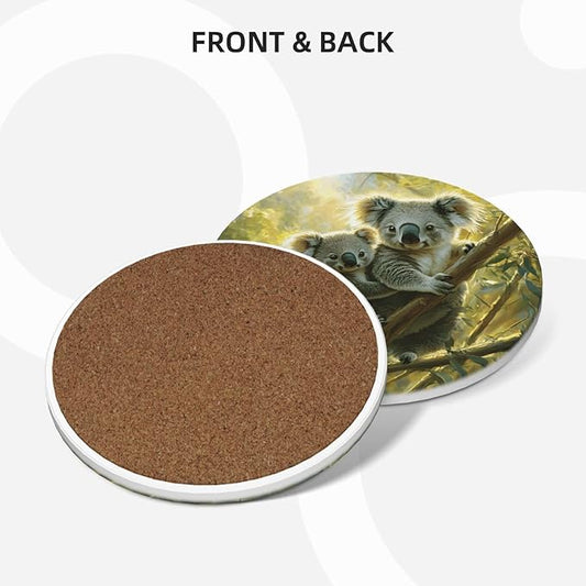 Koala Leaves Pattern Coasters for Drinks Absorbent Round Ceramic Coasters Set of 4 Non-Slip Cup Coaster with Cork Base for Coffee Table Drink Home Decor Tabletop Protection