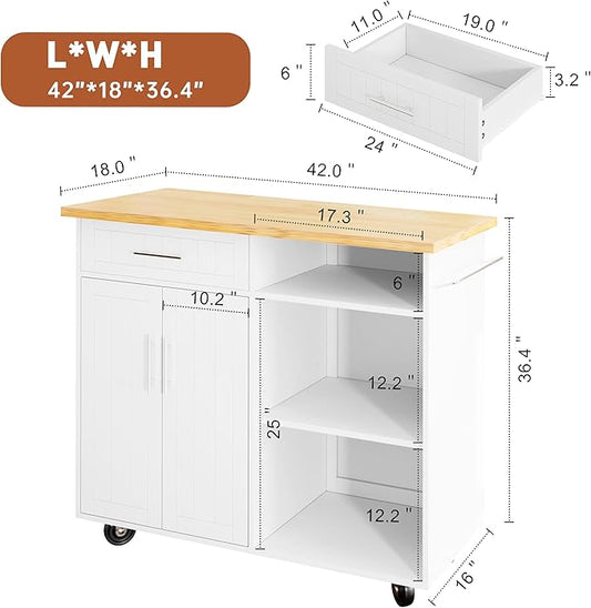 SUNLEI Kitchen Island on Wheels with Storage Cabinet & Drawer, 42" Multifunction Kitchen Cart Cabinet with Shelves, Cart Handle for Towel Rack or Free Mobility, Portable Islands for Kitchen(White)
