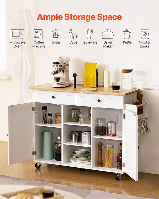 VEVOR Kitchen Island Cart, with Solid Wood Top and Storage Cabinet, Mobile Rolling Table with Drop Leaf, Drawers, Spice Towel Rack, Portable Islands on Swivel Wheels for Dining Room, 52in Width, White