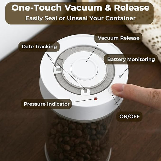 Coffee Bean Storage Container, 600ml Electric Airtight Coffee Canister, Gift for Coffee Lovers, One-Button Operation & Date Tracker Vacuum Canister, Food Storage Container with Borosilicate Glass