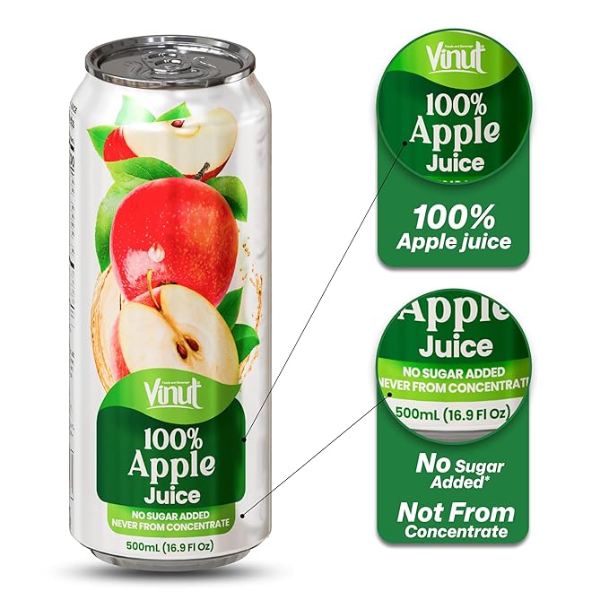 VINUT 100% Apple Juice, No Added Sugar, Not From Concentrate, 16.9 fl oz (500 mL) Can, Pack of 12
