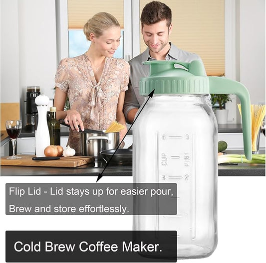 Fermus Set of 2 Cold Brew Coffee Maker, 64oz / 2Quart Glass Pitcher with Stainless Steel Filter and Pour Spout Handle Lid, Mason Jar for Making Cold Coffee, Fruit Drinks, Sun Tea (2)