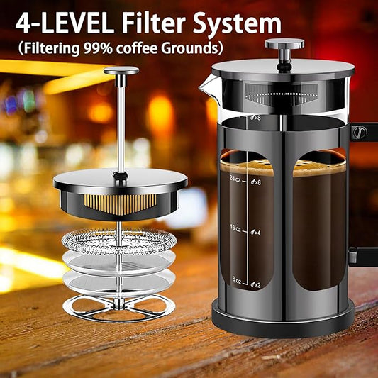 YMMIND French Press Coffee Maker (34oz 1Quart 5-6Cup) Coffee Press, with 4 Filters System, Heat Resistant Thickness Borosilicate Glass, Cold Brew Coffee Tea Pot Gifts (Bright Black)
