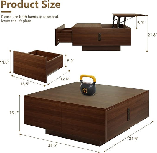 Square Lift Top Coffee Table, 31.5" Wooden Coffee Table with 2 Drawers & Hidden Storage, LED Lights & Charging Station, Mid Century Modern Center Table for Living Room Home Office (Walnut)