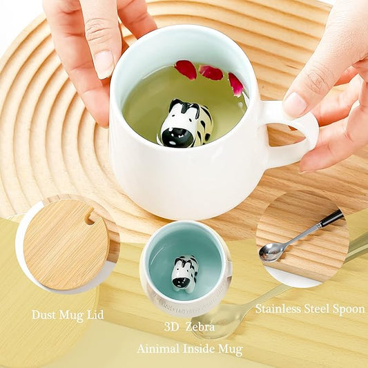 BigNoseDeer Zebra Mug Cute Mugs with 3D Zebra Inside Ceramic Coffee Mug Tea Cup with Spoon and Lid Cool Stuff Birthday Mother's Day Cute Gifts for Women Kids 12oz(Zebra)