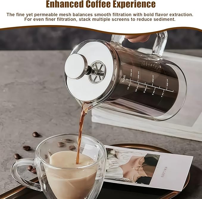 French Press Replacement Filters Stainless Steel Mesh Screen Universal 1000 ml, 34 Oz, 8 Cup Coffee & Tea Makers (8 PACK)