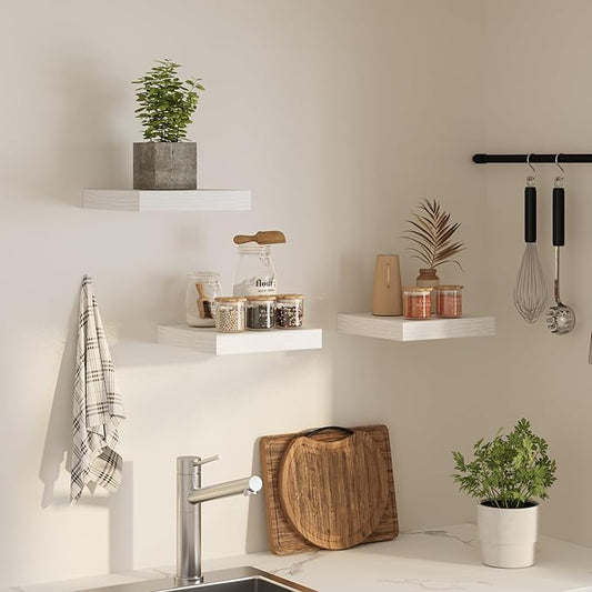 Square Floating Shelves for Wall, 12" W x 12" D x 1.4" H, Small Wooden Wall Mounted Display Shelves with Invisible Brackets for Living Room, Bedroom, Bathroom, Kitchen Decor, Set of 3, White
