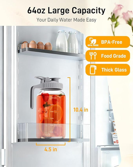 OneDream 2 Pack Glass Pitcher with Lid, 64 oz Sun Tea Glass Jar for Outside, Large Mason Jar Wide Mouth, Iced Tea Pitcher for Cold Beverages, Breast Milk