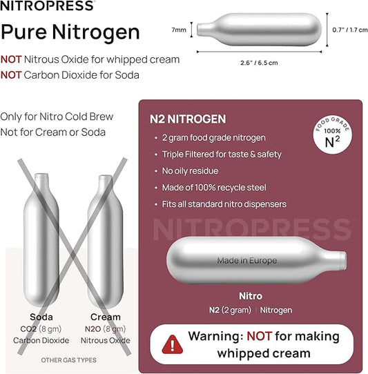 NitroPress Pure N₂ Nitrogen Cartridges - (NOT FOR WHIPPED CREAM) 10, 20, 30, 40, 360 Food-Grade Nitrogen Chargers for Nitro Cold Brew Coffee, Cocktails, Tea, Matcha | Use with Original NitroPress