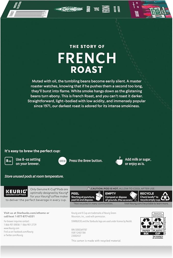 Starbucks K-Cup Coffee Pods, Dark Roast Hot or Iced Coffee, French Roast, 22 Keurig Pods