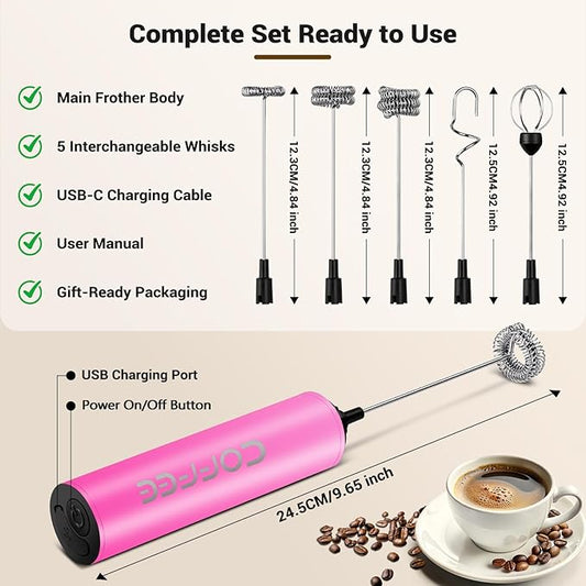Milk Frother Handheld Rechargeable - 2-Speed Electric Whisk with 5 Detachable Heads (Frother/Mixer/Whisk) for Coffee, Latte, Cappuccino & Matcha, Drink Mixer (Flower 10)