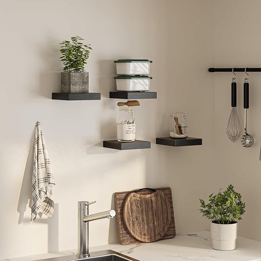 Square Floating Shelves for Wall, 7.5" W x 7.5" D x 1.4" H, Small Wooden Wall Mounted Display Shelf with Invisible Brackets for Living Room, Bathroom, Kitchen Decor, Set of 4, Black