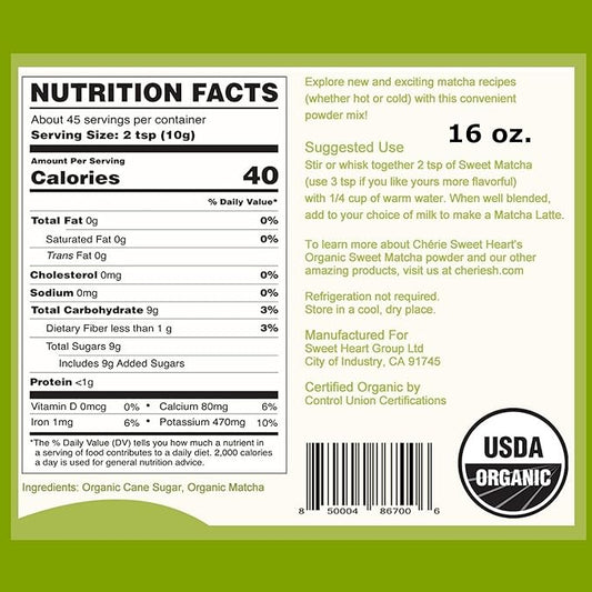 Organic Sweet Matcha Green Tea Powder - Cafe Style Blend by Cherie Sweet Heart - 16oz, Vegan & Gluten-Free, Rich in Antioxidants, Perfect for Lattes, Smoothies & Baking