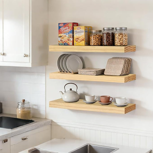Floating Wall Shelves 24x6.8x1.7 Inch – Solid Wood Rustic Shelves in Natural Wood Finish – Wall Mounted Display Shelf for Bathroom, Kitchen, Bedroom – Set of 3