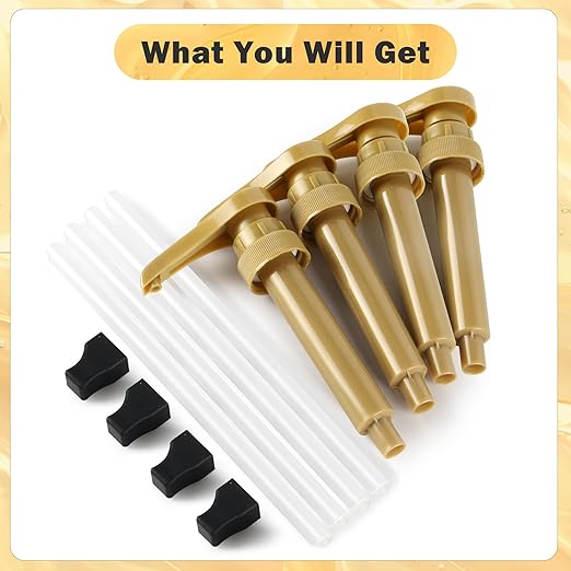 Coffee Syrup Pump for 750 ml Bottle – 4 Pack Syrup Dispenser Pumps Compatible with Torani, Skinny, Davinci – No Clog, Precise Dispensing, Includes 4 Tip Covers – for Coffee Bar, Kitchen, Gold