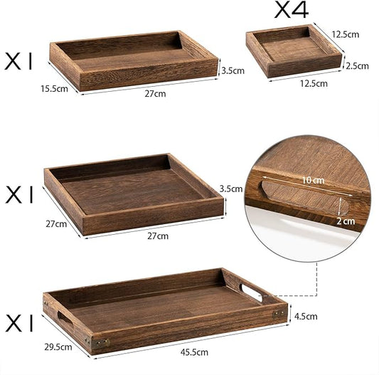 Yangbaga Rustic Wooden Serving Trays with Handle - Set of 7 Rectangular Platters for Entertaining, Breakfast, Coffee Table, Home Decor
